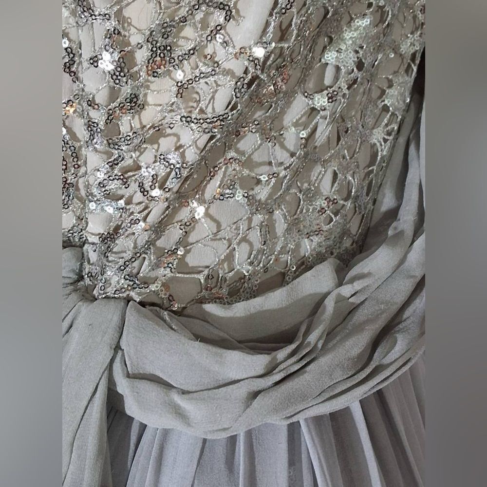 Elegant 80’s Style Silver Sequin One Shoulder Evening Gown Chiffon & Rose M - Picture 8 of 8